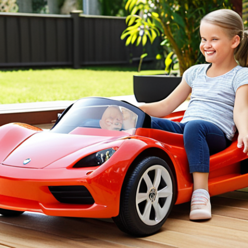 Home 7 A cheerful child, aged 4-6, confidently rides a modern, sleek ride-on toy car in a bright, spacious indoor play area or a safe outdoor backyard. A relaxed parent sits comfortably nearby, observing the child with a peaceful smile, conveying a sense of relief and mental peace, knowing the toy's sensors are ensuring safety. The scene is bright and joyful.