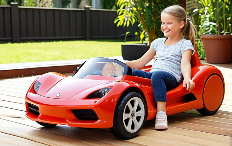 A cheerful child, aged 4-6, confidently rides a modern, sleek ride-on toy car in a bright, spacious indoor play area or a safe outdoor backyard. A relaxed parent sits comfortably nearby, observing the child with a peaceful smile, conveying a sense of relief and mental peace, knowing the toy's sensors are ensuring safety. The scene is bright and joyful.