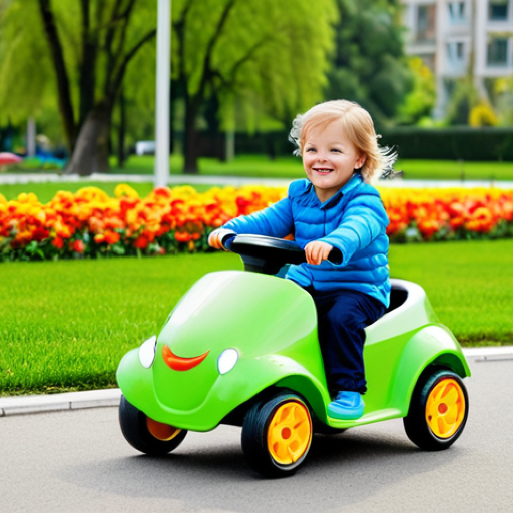 **

"A young child, fully clothed in a bright, playful outfit, is happily riding a colorful toy car in a sunny park. The car is clean and shiny, with well-formed wheels and a cheerful design. The background includes green grass, blooming flowers, and other children playing in the distance. Safe for work, appropriate content, family-friendly, professional photography, perfect anatomy, natural proportions, modest clothing."

**