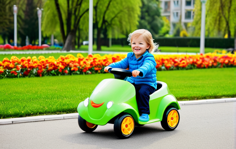 **
"A young child, fully clothed in a bright, playful outfit, is happily riding a colorful toy car in a sunny park. The car is clean and shiny, with well-formed wheels and a cheerful design. The background includes green grass, blooming flowers, and other children playing in the distance. Safe for work, appropriate content, family-friendly, professional photography, perfect anatomy, natural proportions, modest clothing."
**