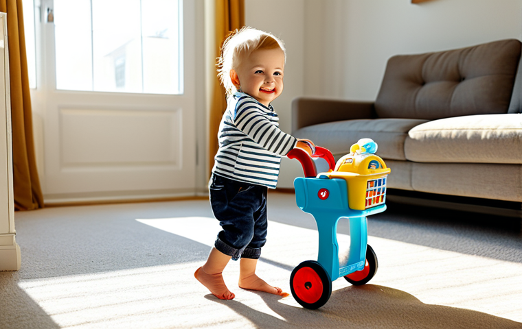 **
A toddler, fully clothed in a bright, family-friendly outfit, happily pushing a walker toy in a sunlit living room. Safe for work, appropriate content, perfect anatomy, natural proportions, professional photo, high resolution.
**