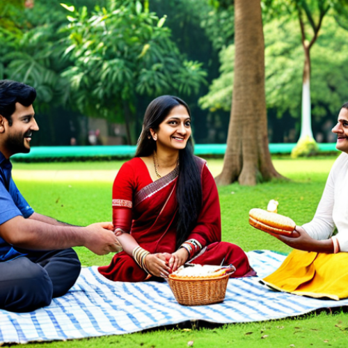 Home 21 **A happy Bengali family enjoying a picnic in a lush green park, fully clothed in traditional attire, safe for work, appropriate content, family-friendly.** (Focus on a wholesome, joyful scene)