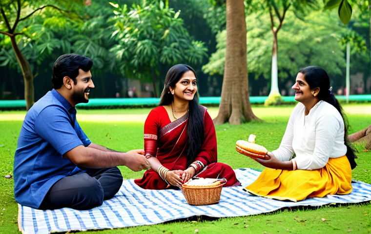 **A happy Bengali family enjoying a picnic in a lush green park, fully clothed in traditional attire, safe for work, appropriate content, family-friendly.** (Focus on a wholesome, joyful scene)