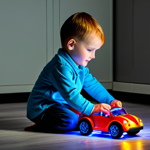Home 8 승용완구 LED 장식 - **A fully clothed child playing with a toy car fitted with colorful LED lights in a dimly lit room, ...