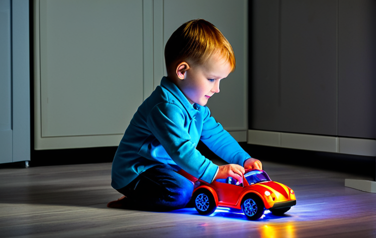승용완구 LED 장식 - **A fully clothed child playing with a toy car fitted with colorful LED lights in a dimly lit room, ...