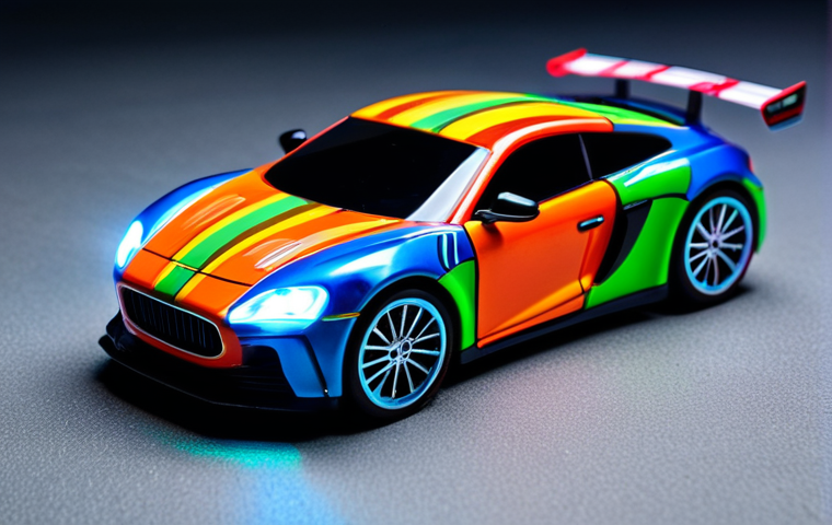 승용완구 LED 장식 - **A fully clothed child playing with a toy car fitted with colorful LED lights in a dimly lit room, ...