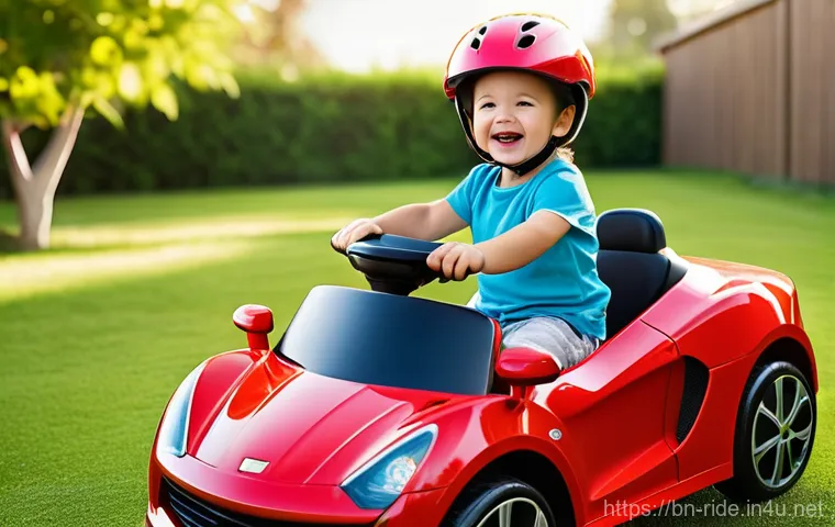 승용완구 추천 유튜버 - A joyful and energetic toddler, approximately 3-4 years old, with a wide smile, confidently riding a...