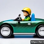 승용완구 카본소재 경량화 - A sleek, modern toy car made from carbon fiber material, showcased on a glossy surface with bright s...