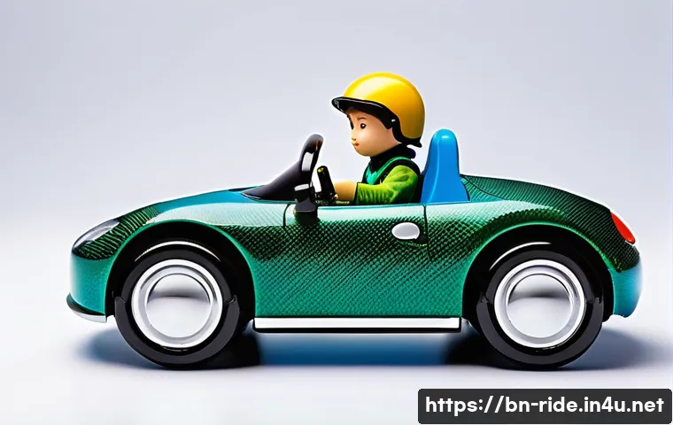 승용완구 카본소재 경량화 - A sleek, modern toy car made from carbon fiber material, showcased on a glossy surface with bright s...