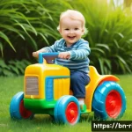 승용완구 위메프 특가 - A vibrant and safe ride-on toy scene featuring a toddler wearing a diaper, happily playing outdoors ...