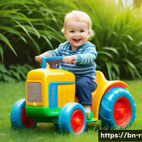 승용완구 위메프 특가 - A vibrant and safe ride-on toy scene featuring a toddler wearing a diaper, happily playing outdoors ...