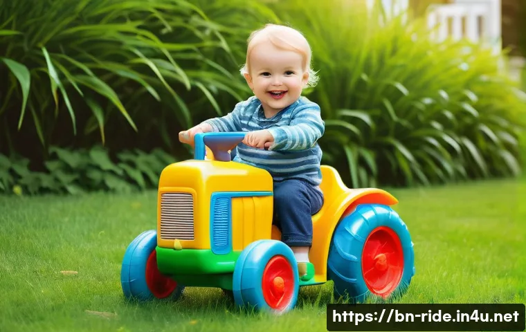 승용완구 위메프 특가 - A vibrant and safe ride-on toy scene featuring a toddler wearing a diaper, happily playing outdoors ...