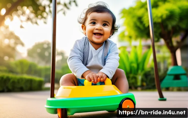 승용완구 아이 반응 후기 - A cheerful Bengali toddler wearing a colorful diaper, happily riding a sturdy push car toy outdoors ...