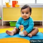 Home 21 승용완구 실내 사용법 - A cozy indoor play area designed for a Bengali toddler, featuring soft carpeted flooring and bright ...