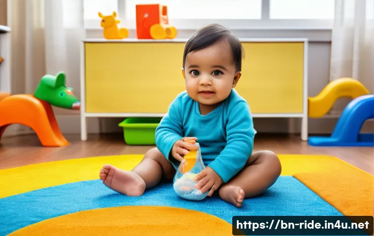 승용완구 실내 사용법 - A cozy indoor play area designed for a Bengali toddler, featuring soft carpeted flooring and bright ...