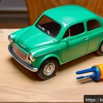 Home 20 승용완구 파손 시 대처법 - A detailed close-up of a child's plastic toy car being carefully repaired on a clean workbench, show...