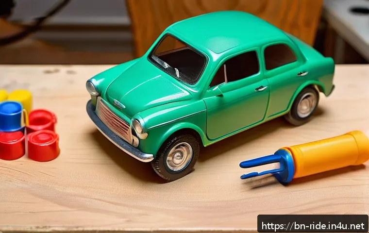 승용완구 파손 시 대처법 - A detailed close-up of a child's plastic toy car being carefully repaired on a clean workbench, show...