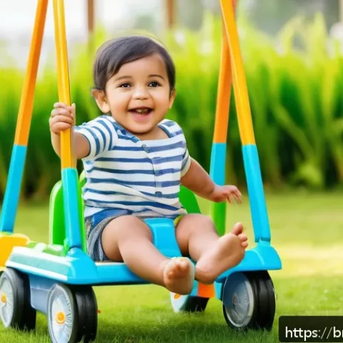 Home 30 승용완구 수동형 장단점 - A toddler wearing a colorful diaper, happily riding a manual swing car outdoors on a sunny day; the ...