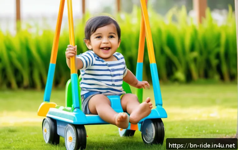 승용완구 수동형 장단점 - A toddler wearing a colorful diaper, happily riding a manual swing car outdoors on a sunny day; the ...