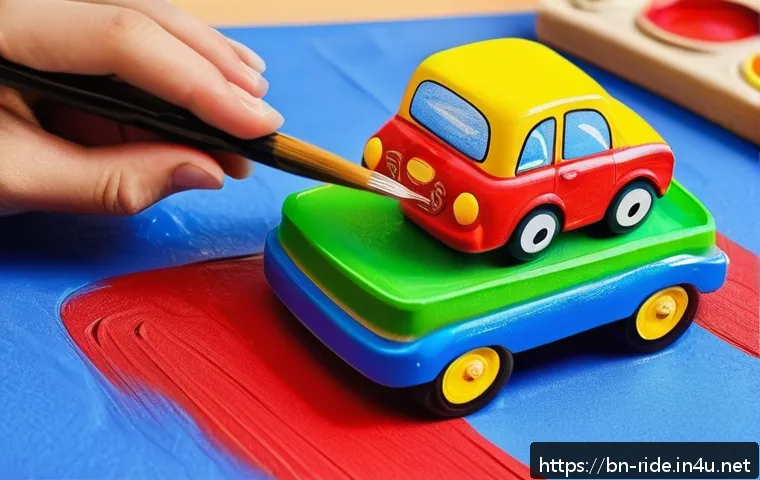 승용완구 재활용 방법 - A detailed close-up of a colorful toy car being repainted with eco-friendly water-based acrylic pain...