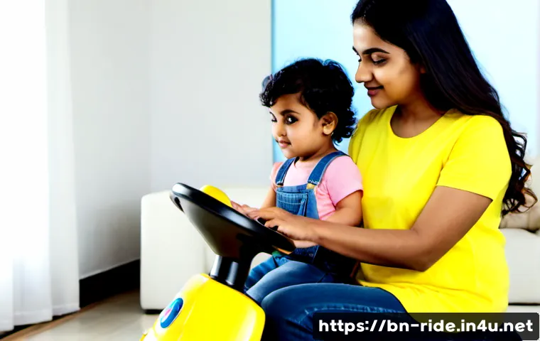 승용완구 앱 연동 - Photorealistic bright family living room, a fully clothed toddler wearing a yellow shirt and denim o...