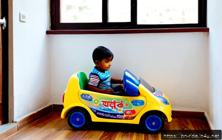 승용완구 음성 안내 - Photorealistic toddler safely seated on a colorful battery-powered ride-on car in a bright Bengali f...